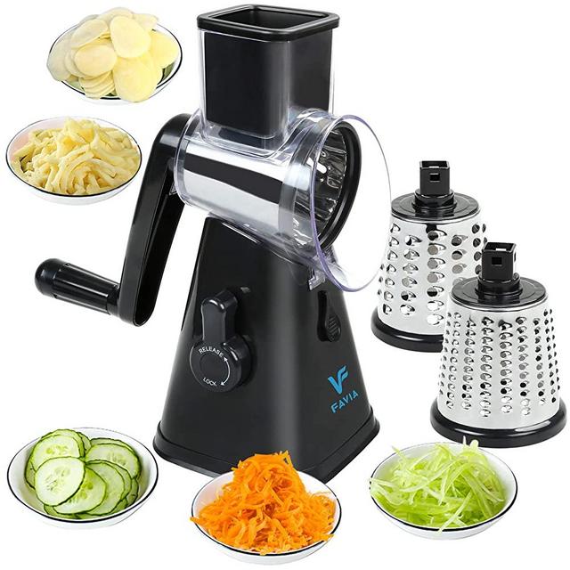 FAVIA Rotary Cheese Grater with Handle - Vegetable Shredder with 3 Stainless Steel Drum Blades, Round Mandoline Slicer Nuts Grinder, BPA Free Dishwasher Safe (Black)
