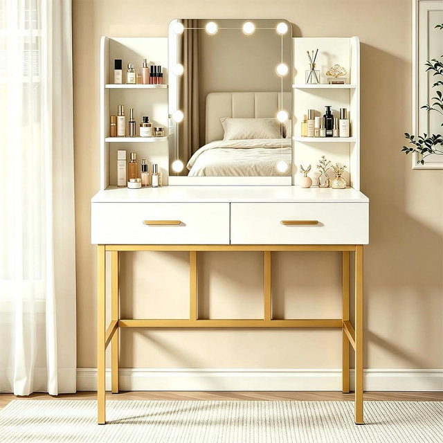 KDCAS Small Vanity Desk with Mirror and Lights, 35.4" White and Gold Vanity Table with Hollywood LED Bulbs, 3 Color Lighting Modes & 4 Open Shelves, Modern Makeup Vanity Desk for Small Spaces
