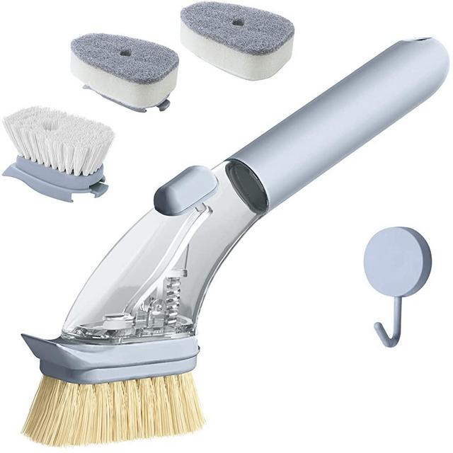 DAPOWER Soap Dispensing Dish Brush with Handle, Kitchen Washing Scrubber for Dishes Pots Pans Sink Cleaning, Natural Sisal Bristles, PET Bristles, Sponge Brush, 4 Replaceable Brush Heads (Grey)