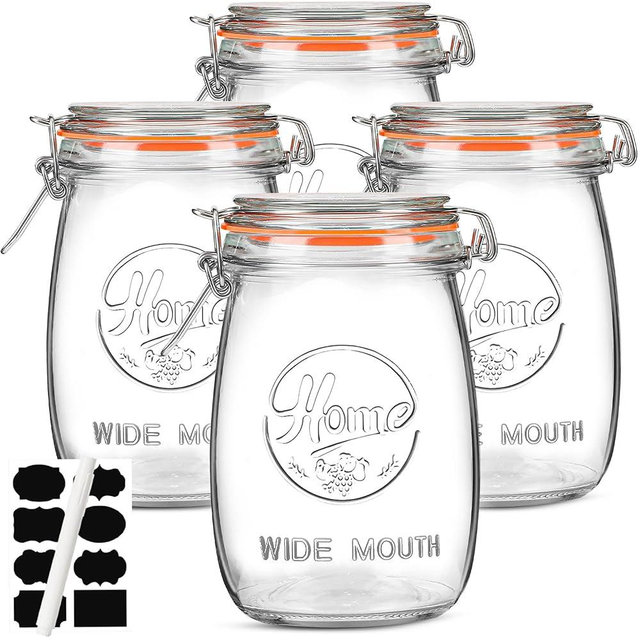 Wnaraa 32oz Wide Mouth Mason Jars with Airtight Lid Set of 4 Large Mason Jars Food Storage Canning Jars for Pickling Flour Sugar Pasta Oats Cereal