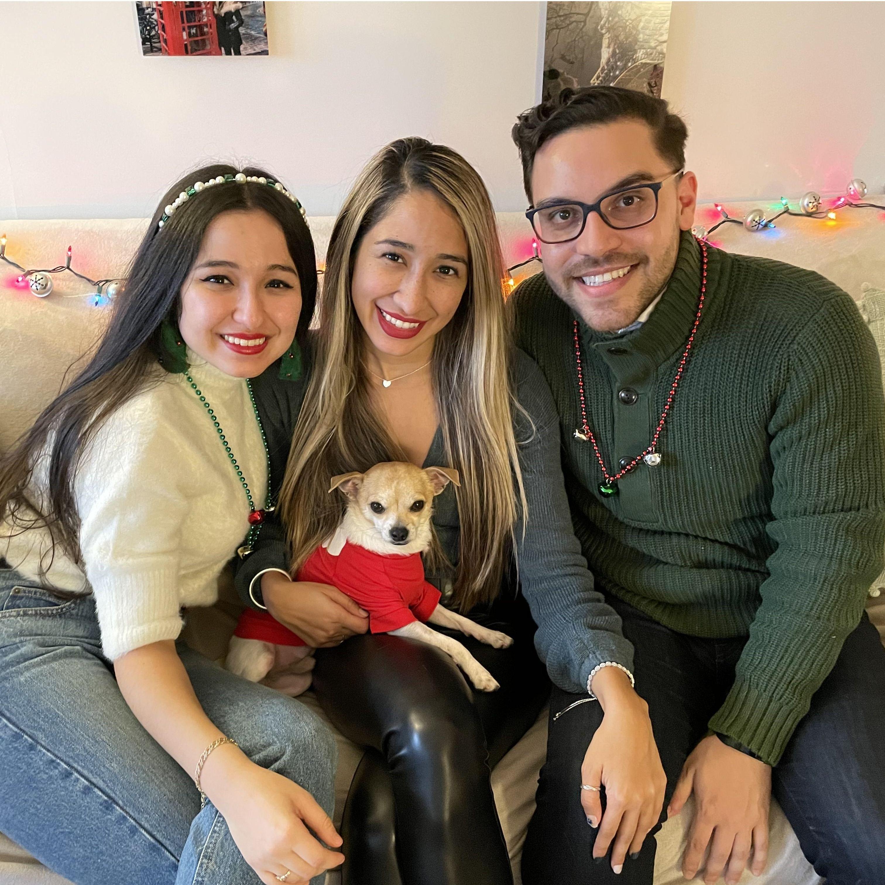 Jose and Jackie with the Maid of Honor Jasmin, celebrating some holiday cheer with her pooch Coco.