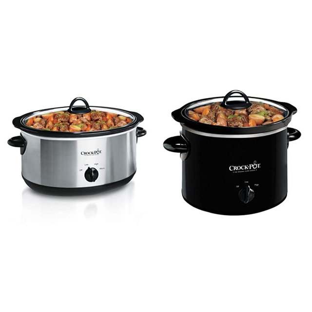 Crock-Pot 7-Quart Oval Manual Slow Cooker | Stainless Steel (SCV700-S-BR) & 2-QT Round Manual Slow Cooker, Black (SCR200-B)