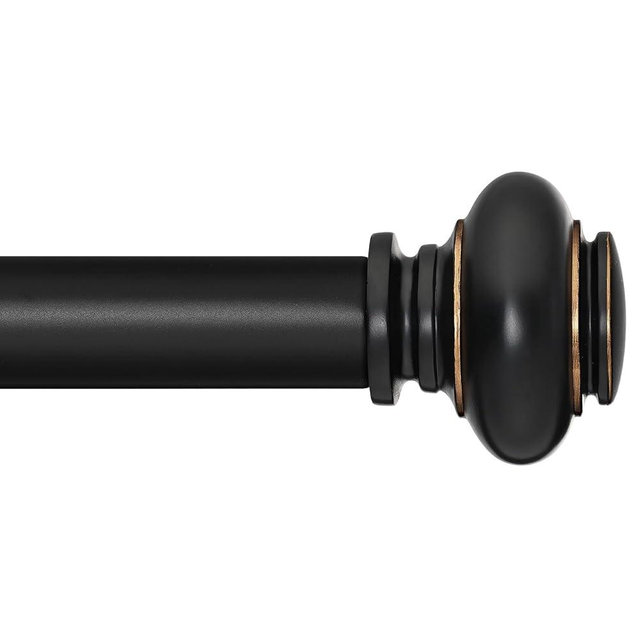 SIMEWIN Black Curtain Rods for Windows 48 to 84 Inches Adjustable Decorative 1 Inch Diameter Single Window Curtain Rod Set with Classic Finials, Black with Gold Finishing