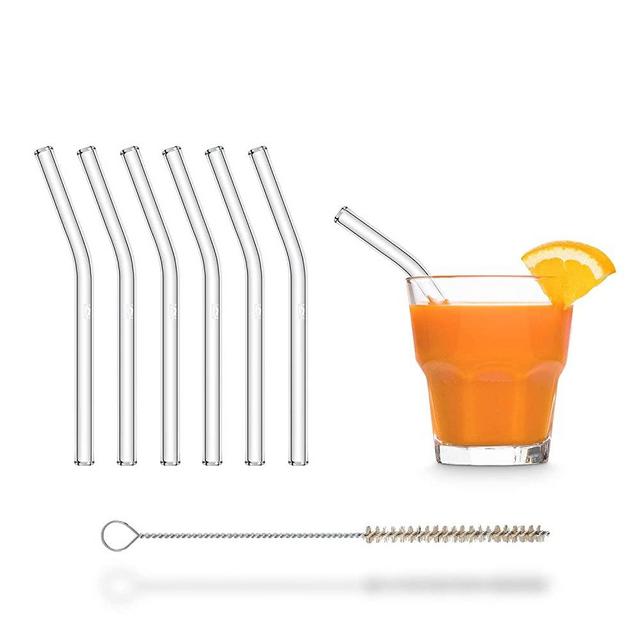 Halm Glass Straws – 6x Short 6 Inch bent Reusable Drinking Straws + Plastic-Free Cleaning Brush - Dishwasher Safe - Eco-Friendly - Perfect for Smoothies, Cocktails - Made in Germany