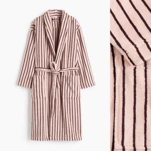 Hers Cotton Terry Bathrobe - Light pink/burgundy striped, L