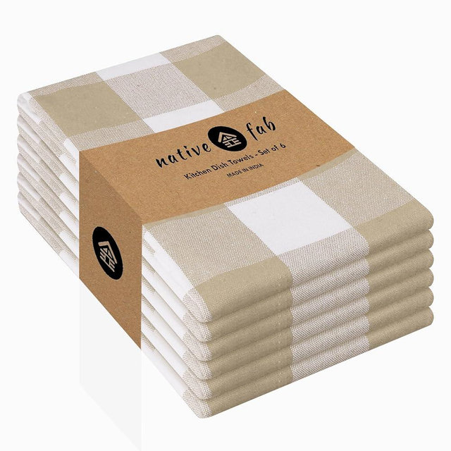 Native Fab 6 Pack Buffalo Check Kitchen Towels16 x26 - Cotton Dish Towels Washable - Absorbent Tea Towels, Soft Hand Towel with Hanging Loop, Dish Cloth Set - Beige White