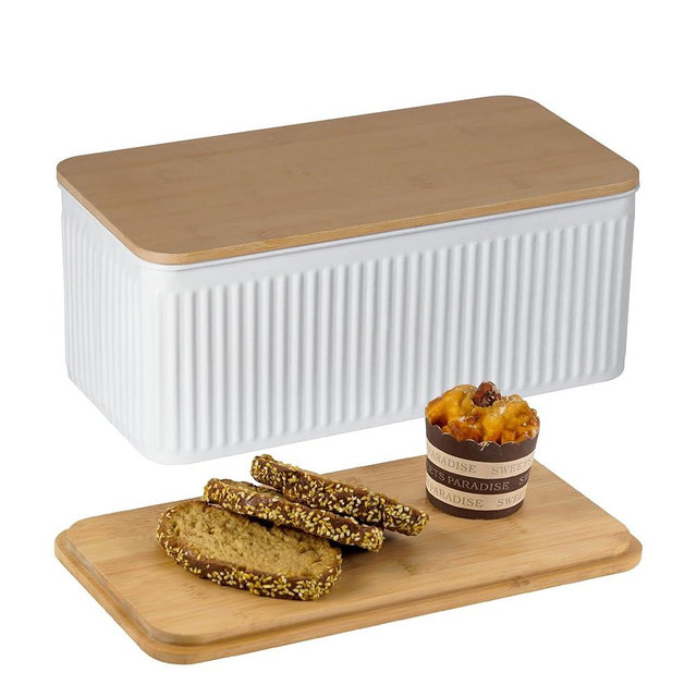 HOME PALETTE Large Bread Box for Kitchen Countertop Corner Breadbox for Homemade Bread Metal White Vertical Stripe Pattern Embossed Bread Storage Container Bin with Bamboo Lid