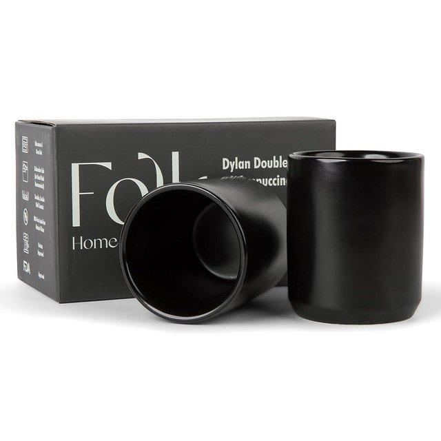 Folk Ceramics Dylan Ceramic Cappuccino Cups Set | Double Walled Ceramic Coffee Mug Set | Compact & Heat Insulated Cappuccino, Tea, Coffee & Latte Cup | 8oz, Set of 2 | Matte Black