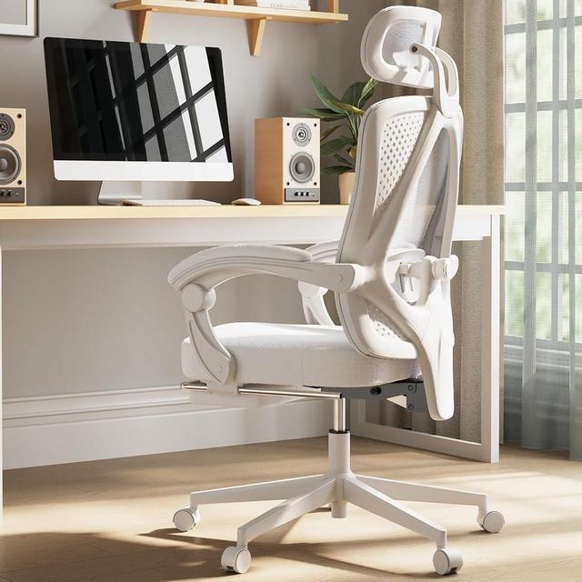 Dowinx Ergonomic Office Chair,Breathable Mesh Computer Chair with Pocket Spring Cushion,Comfy Desk Chair with Adjustable Lumbar Support and Headrest,Steel Base Swivel Task Chair with Footrest White