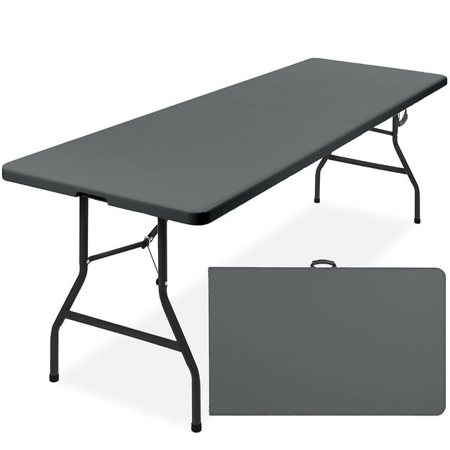 Best Choice Products 8ft Plastic Folding Table, Indoor Outdoor Heavy Duty Portable w/Handle, Lock for Picnic, Party, Pong, Camping - Dark Gray