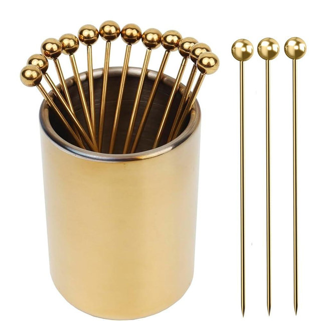 4.3" Gold Metal Cocktail Picks 12Pack+Holder Kit,Premium 304 Stainless Steel Reusable Appetizer Skewers Set for Sandwiches, BBQ Snacks, Cocktails. (12 Golden)