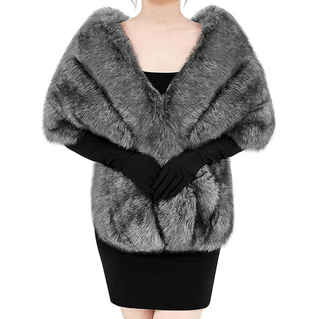 Zhanmai Winter Faux Fur Long Shawl Cloak Stretchy Satin Glove Opera Bridal Dance Gloves for Women Wedding Dress Party Coat
