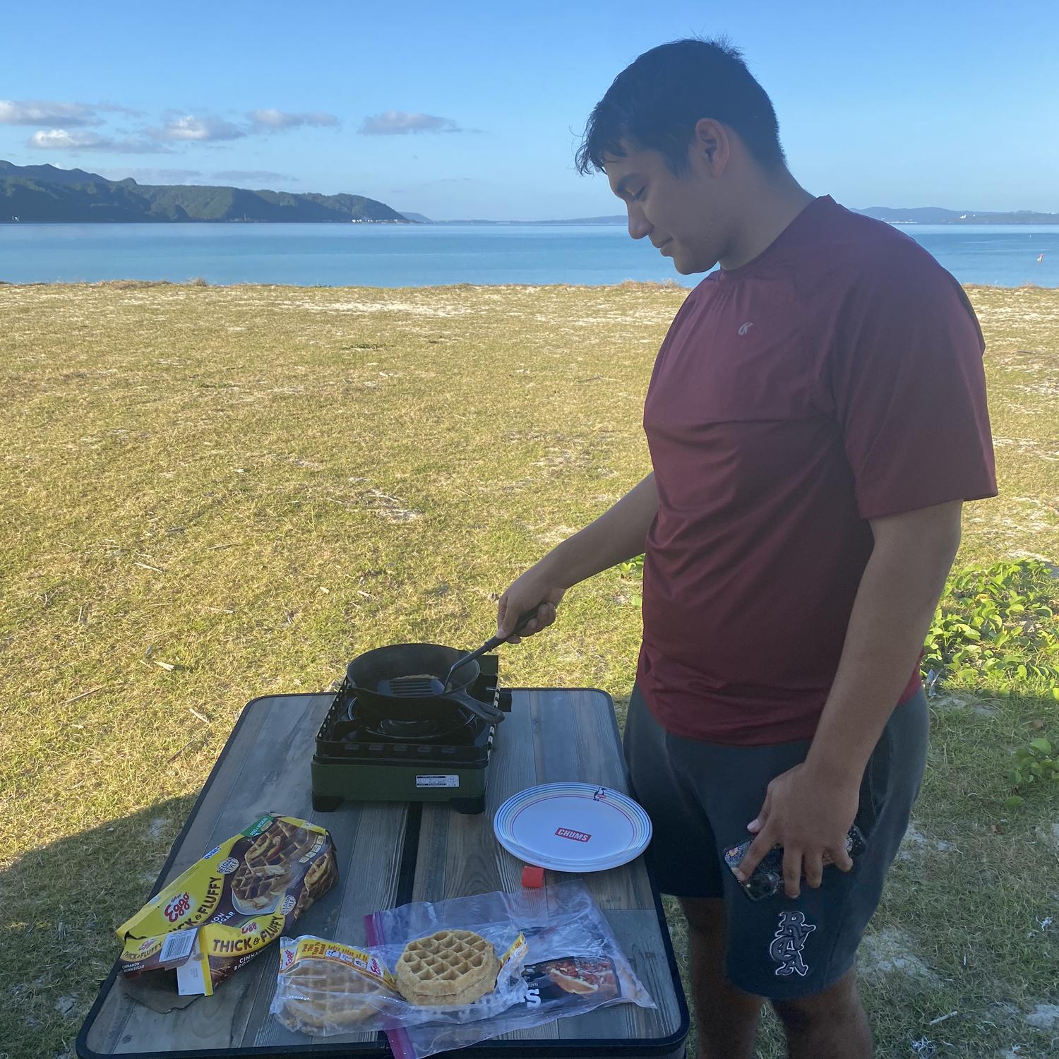 Our first camping trip together — waking up to waffles by the beach 🧇