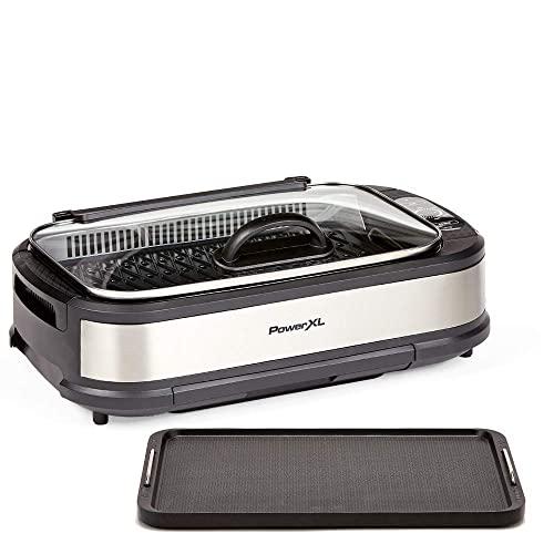 PowerXL Smokeless Grill with Tempered Glass Lid and Turbo Speed Smoke Extractor Technology. Make Tender Char-grilled Meals Inside With Virtually No Smoke (Stainless Steel with Griddle Plate)