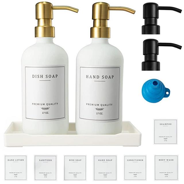 Glass Soap Dispenser for Kitchen Sink,Farmhouse Kitchen Dish Soap Dispenser&Hand Soap Dispenser Set,Rustproof Pump Soap Dispenser Bathroom with Tray,Waterproof Label for Kitchen Decor(White