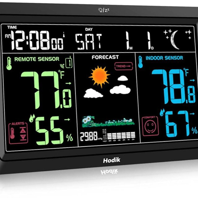 Weather Station Atomic Clock Indoor Outdoor Thermometer Wireless, Barometer Humidity Temperature Monitor Hygrometer with High Precision Sensor Black
