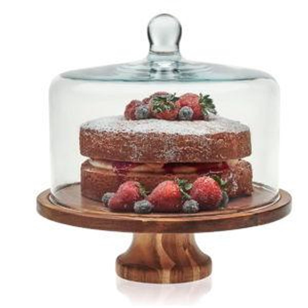 Libbey Acacia Wood Cake Stand with Lid, Footed Cake Stand With Cover, Durable Ball Top Handle Glass Dessert Dome