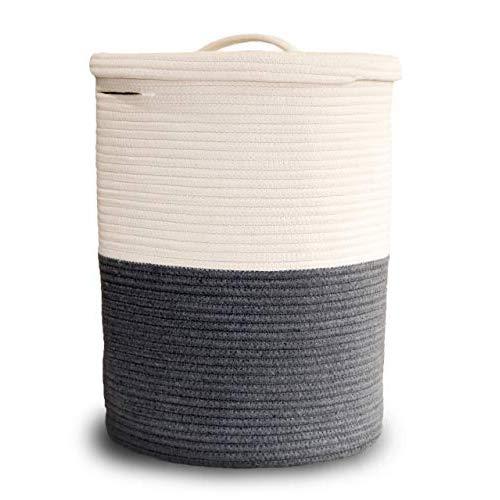 Large Laundry Basket with Lid, Tall Laundry Hamper with Lid, Cotton Rope Basket Woven Storage Organizer for Blankets Pillows Towels Clothes Toys Baby Nursery Bathroom Living Room Kitchen, Gray & White