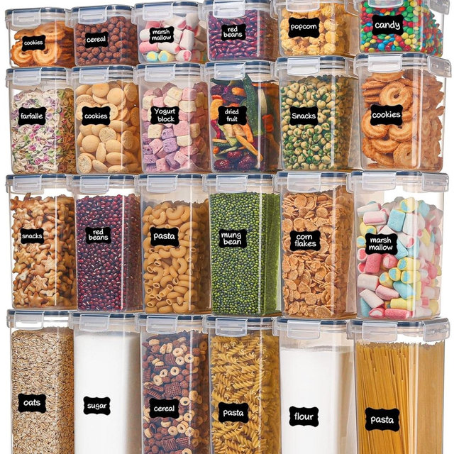 Airtight Food Storage Containers with Lids, Vtopmart 24 pcs Plastic Kitchen and Pantry Organization Canisters for Cereal, Dry Food, Flour and Sugar, BPA Free, Includes 24 Labels，Black