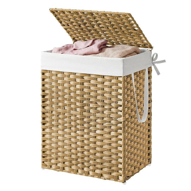 SONGMICS HOME Laundry Hamper with Lid, Clothes Basket with Removable Liner and Handles, 23.8 Gallon, Foldable Narrow Laundry Organizer for Bathroom, Bedroom, Light Brown