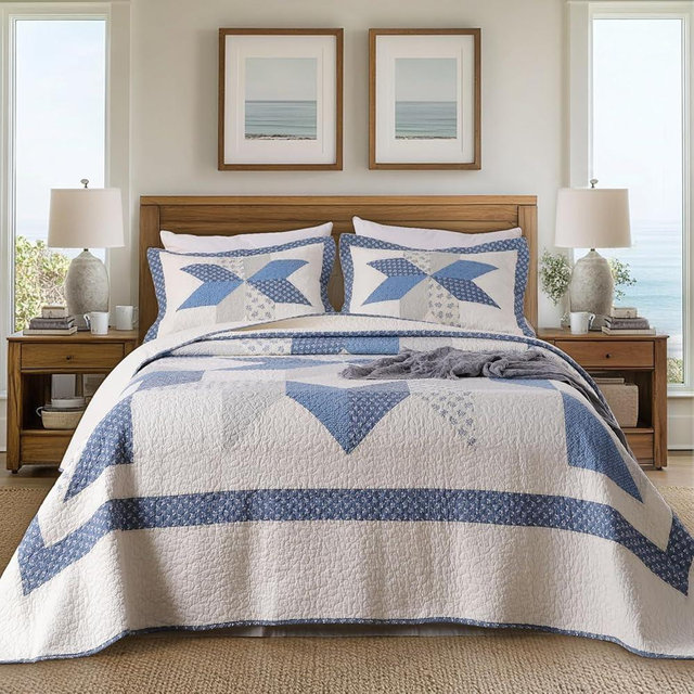 KASENTEX Authentic 100% Cotton Easy-Clean Decorative Bedspread with Floral Patchwork Coverlet, Soft and Oversized Quilt Bedding for Better Coverage, Full/Queen 90x96, Diamond Motif Blue/Ivory