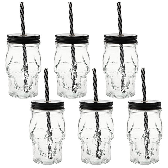 TOPZEA 6 Pack Skull Mason Jars Glass, 12 oz Tumbler Cup with Lids and Straws Old Fashioned Jar Glasses Heavy Base Drinking Mugs for Beverage, Brandy, Liquor, Jello, Clear