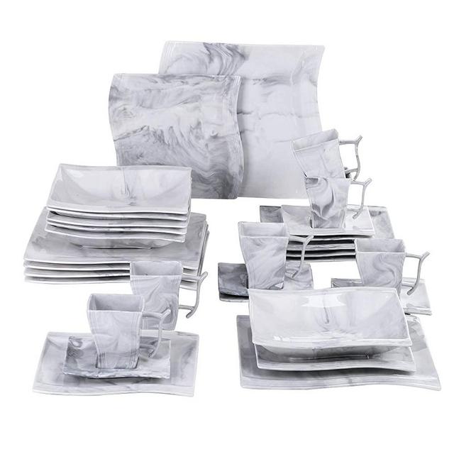 MALACASA Porcelain Dinnerware Sets,30 Pieces Marble Grey Square Dishes Sets Dinnerware with Dinner Plates Dessert Plates and Soup Plates,Cups and Saucers Set,Service for 6,Series Flora