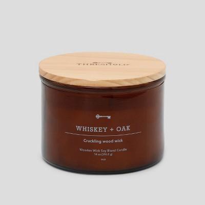 14oz Lidded Glass Jar Crackling Wooden 3-Wick Candle Whiskey & Oak - Threshold™