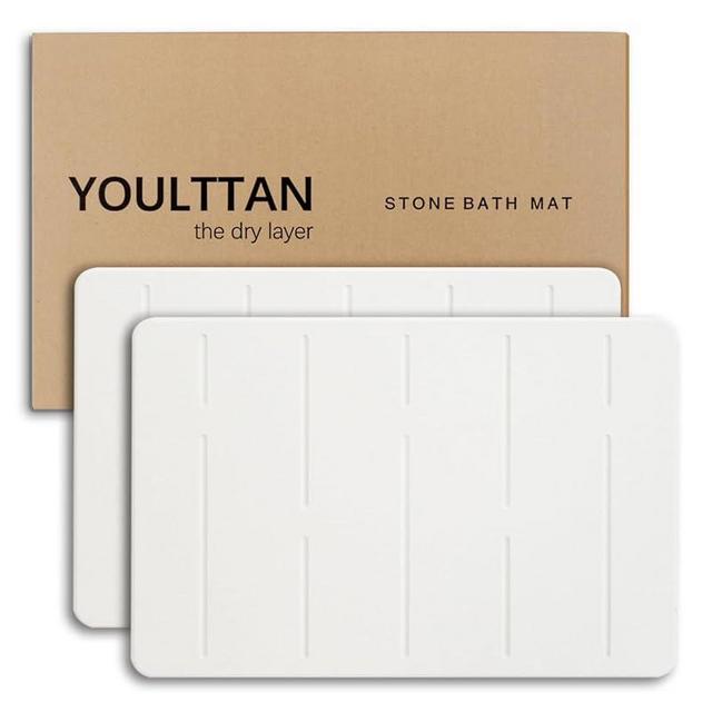 YOULTTAN Home Bath Stone Mat 24"x16" (2-Pack) – Quick-Dry, Non-Slip Diatomaceous Earth Mat, Stylish & Absorbent, White Straight