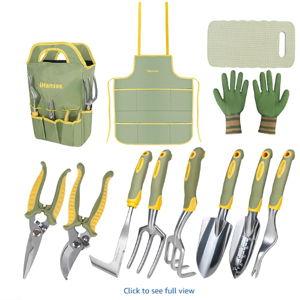 Set of 12 Garden Tool, iHansee Heavy-Duty Aluminum Gardening Hand Tools with Rubber Non-Slip Handle, Garden Apron, Gloves, Kneeling Pad and Storage Bag, Garden Hand Tools Starter Kit Landscaping Tools