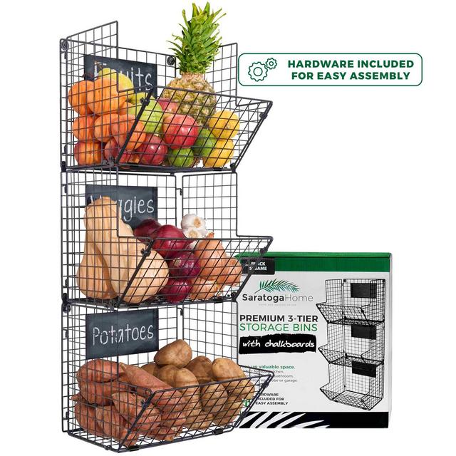 Sturdy Stylish 3-Tier Storage Baskets for Wall, Counter or Floor by Saratoga Home - Organize Fruit or Produce, Personalize with Removable Chalkboards, Add Farmhouse Charm to your Home, Easy Assembly