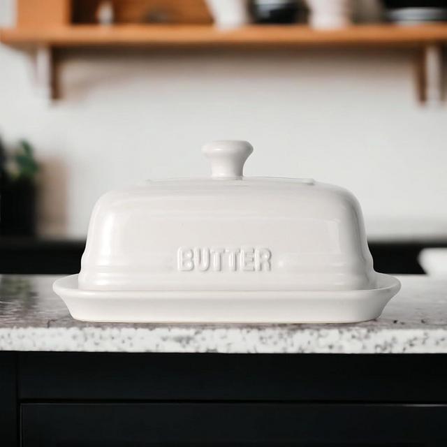 MAIA Ceramic Butter Dish with Lid for Countertop 5"x7.5" Large Butter Keeper Container White Butter Holder Tray for 2 Sticks Butter Spreader On Kitchen Countertop Ceramic Butter Dishes with Lid