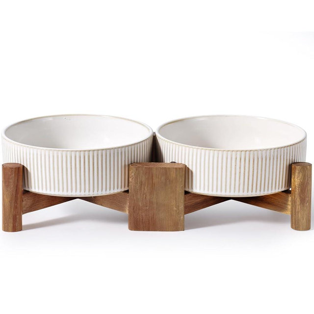 Getstar Elevated Ceramic Dog Bowl Set - 1.8-Cup Raised Feeding Bowls with Non-Slip Wood Stand - Small Pet Dishes for Food and Water - Ideal for Cats and Puppies