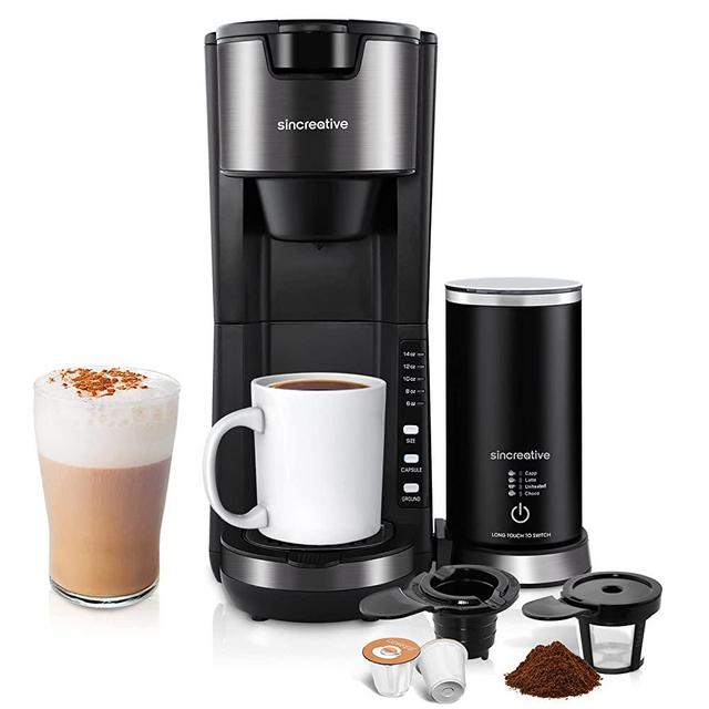 Sincreative Coffee Maker with Milk Frother - Cappuccino Latte Coffee Machine with Milk Frother - Compact Fast Brew Single Serve Coffee Maker for K Cup Pod or Ground Coffee - Brew Size 6-14oz – Black