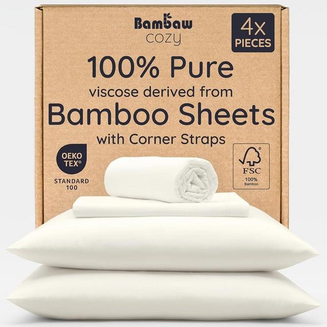 Bambaw 100% Viscose Derived from Bamboo Sheets Queen Size Set – 4pcs Cooling Sheets for Hot Sleepers, Soft Deep Pocket Queen Sheets Fits Up to 16'' with Elastic Corner Straps (Ivory)