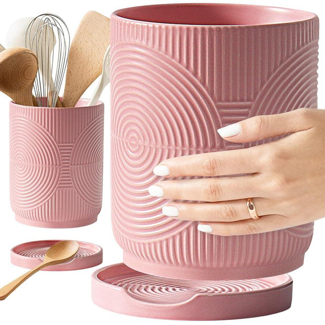 Swkien Utensil Holder, 7.2" Kitchen Utensil Holder for Counter, 2-in-1 Ceramic Cooking Utensils Holders with Spoon Rest, Utensil Crock for Spatula, Ideal Housewarming Gift (Pink)