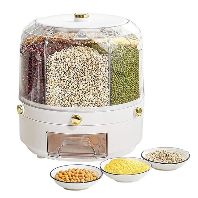 Besmall 360° Rotating Dry Food Dispenser for Beans,13 lbs Grain Dispenser, Cereal Storage Container,6-Grid Rice Storage, Countertop Rice Bucket,Rice and Grain Dispenser,Cereal Dispenser for Pantry