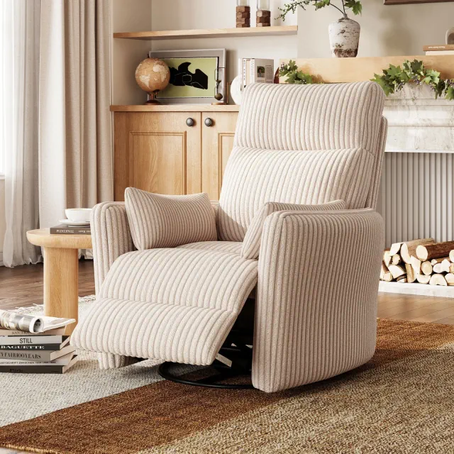 360 Swivel Rocking Recliner Chair: Corduroy Nursery Glider Rocker Chair with 2 Pillows