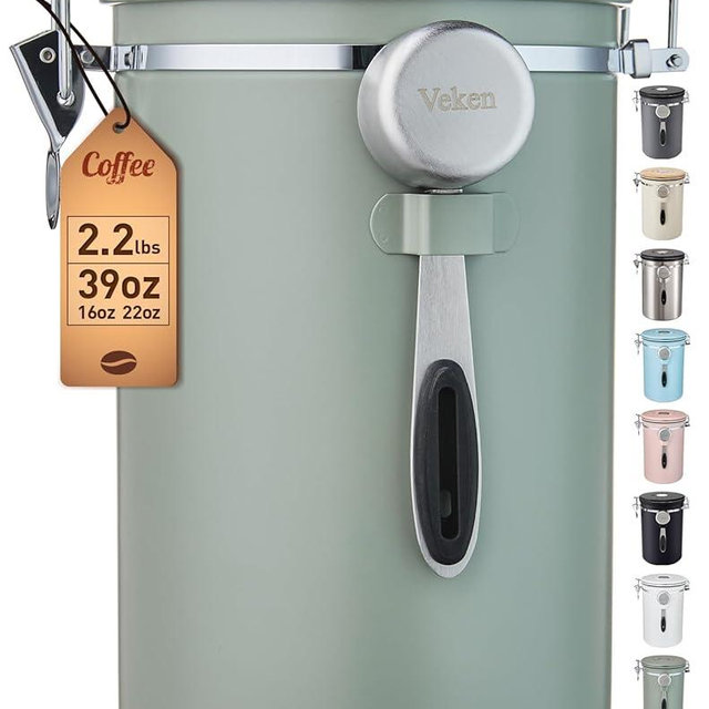 Veken Coffee Canister, 39OZ Large, Airtight Stainless Steel Food Storage Container for 2.2lbs Coffee Beans, Ground, Sugar, Tea, Flour, Cereal, Kitchen Bar Accessories with Date Tracker & Scoop, Green