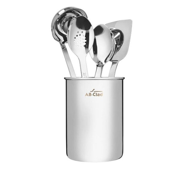All-Clad 5-Piece Stainless Steel Kitchen Utensil Set – Includes Ladle, Solid Spoon, Slotted Spoon, Turner & Storage Caddy – Heavy-Gauge, Ergonomic, Dishwasher Safe, Silver