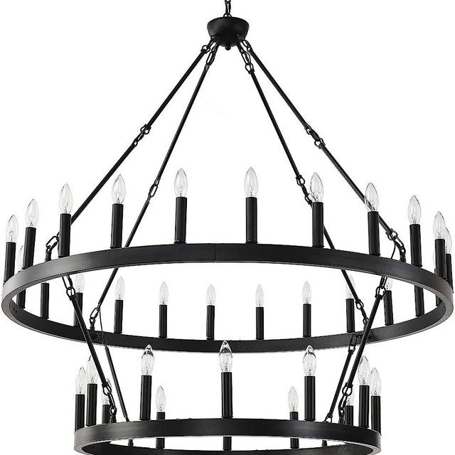 SUSVQLXG 48 Inch Black Wagon Wheel Chandelier,2 Tier 36-Lights Extra Large Round Farmhouse Pendant Light Fixture Rustic Hanging Lighting for Dining Room Kitchen Island Foyer Entryway