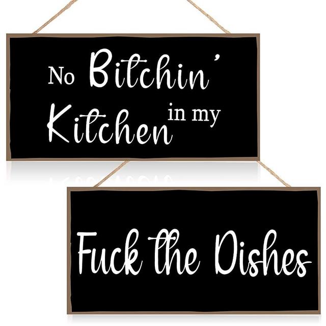 Jetec 2 Pieces Funny Kitchen Signs the Dishes Hanging Wall Art Sign No Bitchin in My Kitchen Rustic Wooden Wall Signs Decorative Wood Sign Home Kitchen Decor, 10 x 5 Inch
