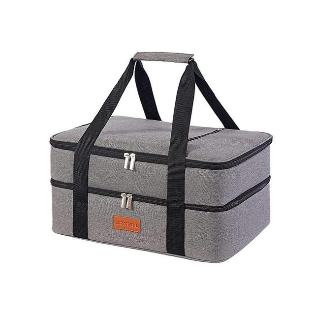 Lunch Bag Insulated Thermal Food Carrier Insulated Double Decker Casserole Carrier for Hot or Cold Food,Insulated Tote Bag for Potluck Cookouts Picnic,Lasagna Holder,Fits 9"x13" Baking Pan,Gray