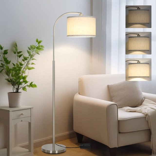 Boncoo Arc Floor Lamp, Dimmable Floor Lamp for Living Room, Silver Modern Standing Lamp with Adjustable Drum Shade, Tall Pole Lamp for Bedroom Study Room Office, 9W 3000K LED Bulb Included