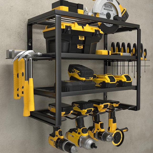 YYR 4 Layer Power Tool Organizer Wall Mount, Cordless Drill Hanger Storage Rack, Battery Tools Holder with Charging Station Shelf for Garage Organization, Workshop, Pegboard, Shed - 16 Inch 4 Slots