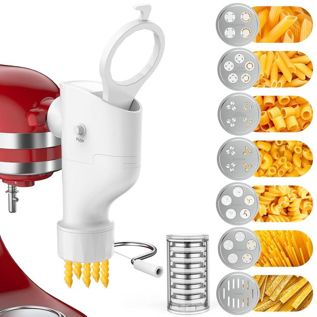 Fedowal Gourmet Pasta Press Attachment for Kitchenai Stand Mixer, Pasta Maker Attachment with 7 Interchangeable Plates, Pasta Extruder Attachment for Spaghetti Bucatini Fusilli l Macaroni (Update)