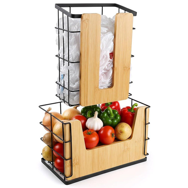 CACHOLIV 2-Pack Trash Bag Dispenser and Grocery Bag Holder - 2 In 1 Bamboo Plastic Bag Holder Under Sink- Adjustable Wall Mounted Design for Kitchen Cabinet, Pantry, Laundry Room Organization