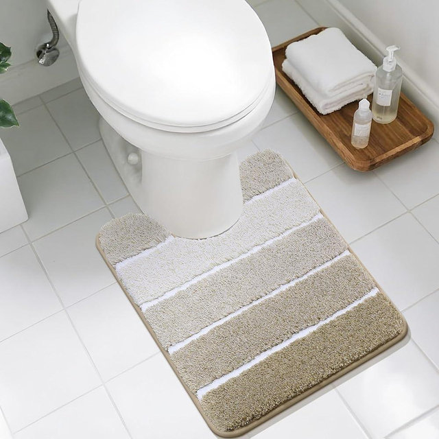 COSY HOMEER Toilet Rugs U-Shaped 24"x20", Ultra Soft Absorbent Bath Mat with Non-Slip TPR Backing, Machine Washable Shaggy Rug for Toilet, Beige & White