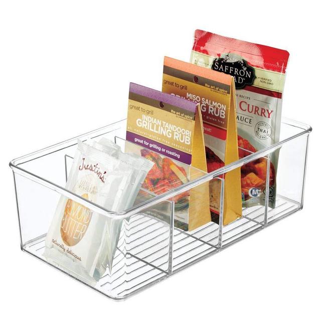 mDesign Plastic Food Storage Organizer Bin Box - 4 Divided Sections - Holder for Seasoning Packets, Pouches, Soups, Spices, Snacks for Kitchen, Pantry, Cabinet, Refrigerator - Clear