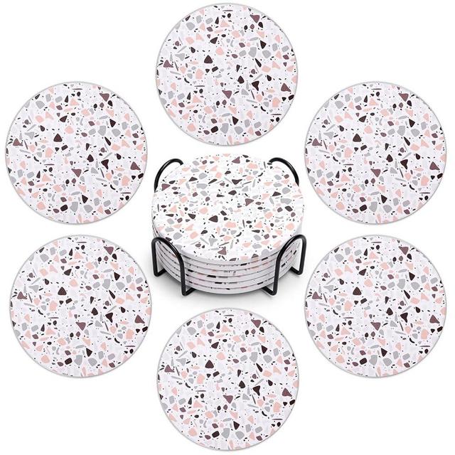 Acejoz Drink Coasters with Holder for Coffee Table, Absorbent Coasters Sets of 6, Ceramic Coasters for Wooden Table, Suitable for Kinds of Cups, Home Decor, 4 Inches(Terrazzo Pattern)